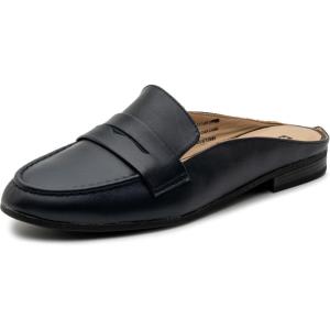 Alpine Swiss Linda Womens Leather Mule Loafers Backless Penny Loafers Dressy Mule Slides Comfortable Slip On Flats Work Shoes(Navy Leather)