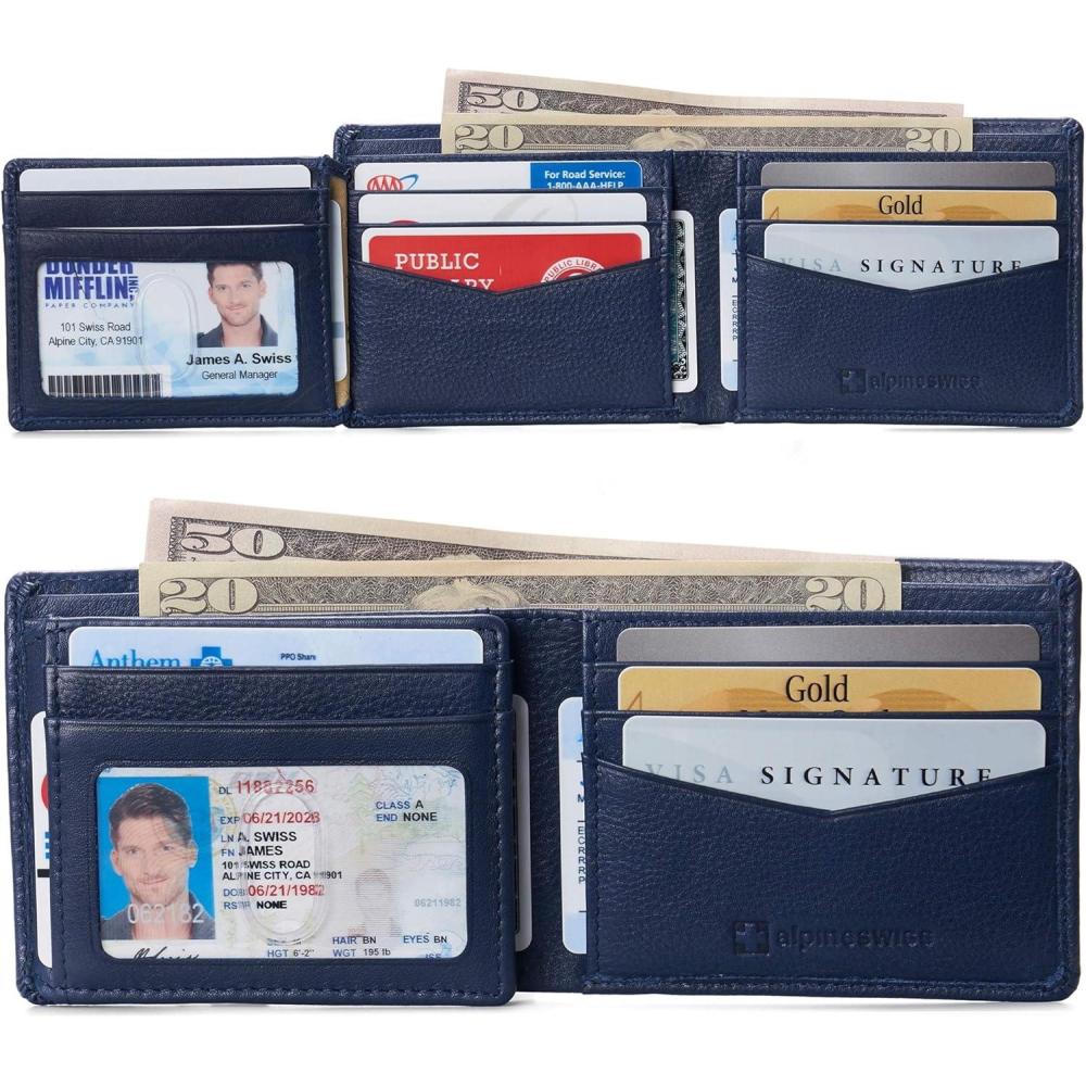 image:imageAlpine Swiss Mens Wallet for Men  RFID Protected Leather Mens Wallet  Spencer Bifold with Divided Bill Section  Gift Box  2 ID Windows  14 Card amp Storage Pockets for Organization Blue